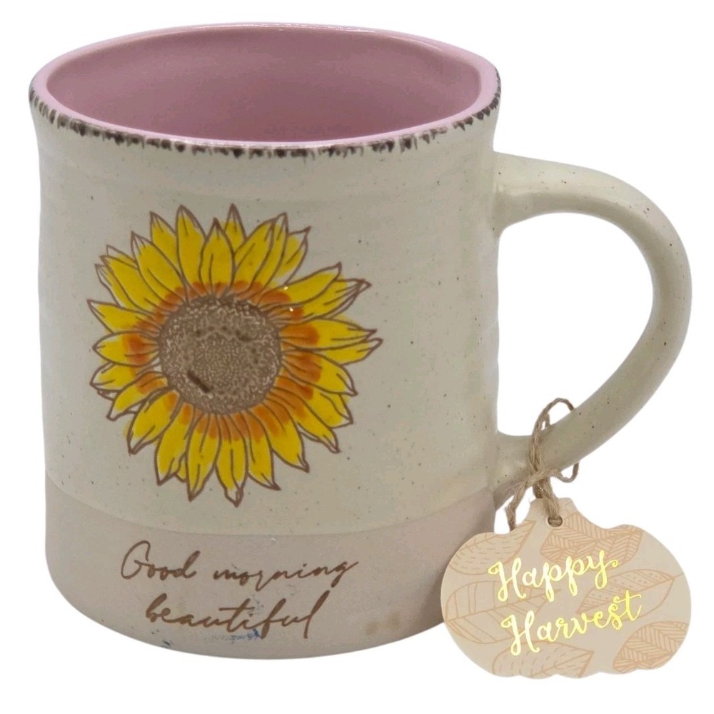 Global Design Good Morning Beautiful Ceramic Coffee Mug Sunflower Embossed‎ NEW